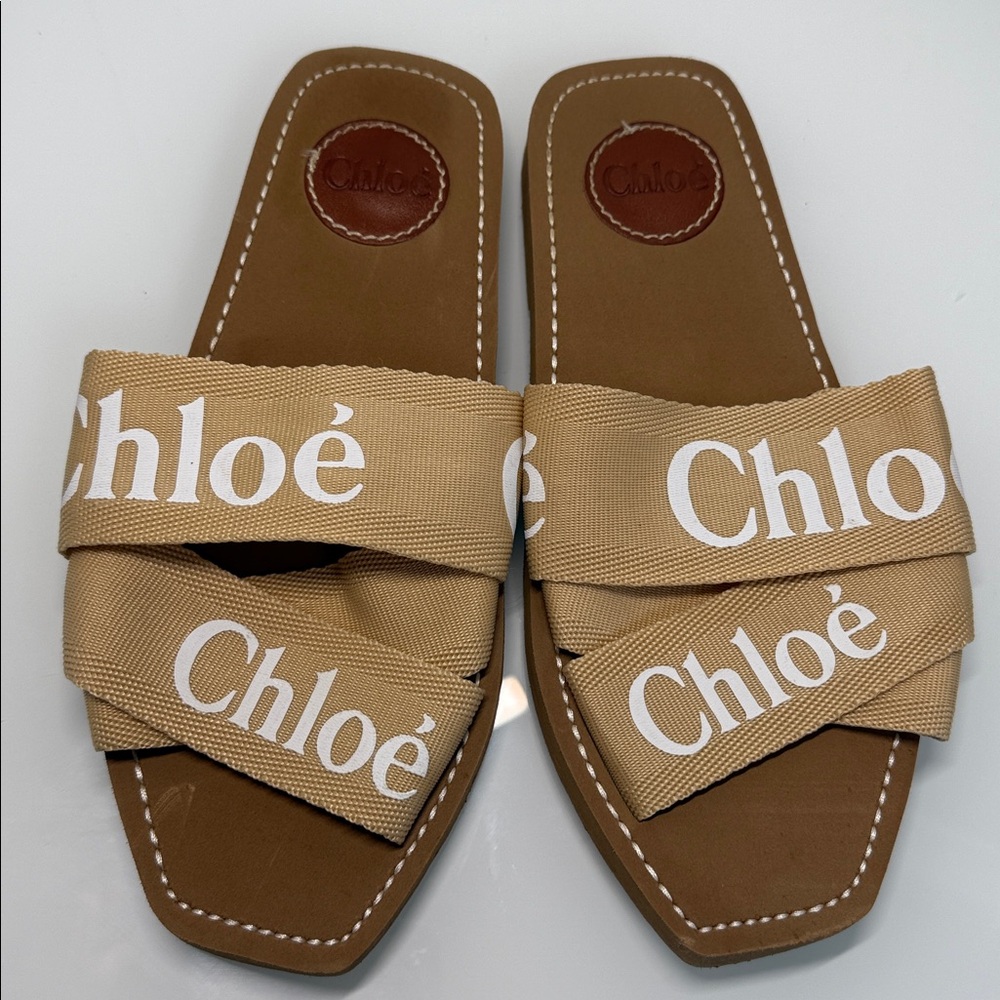 Chloé Tan Canvas Logo Slide Sandals